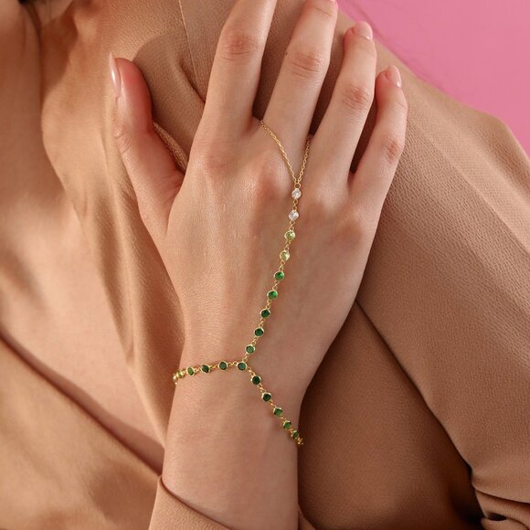 Silver Green Hand Chain, Slave Bracelet, Shahmaran, Hand Chain Ring, 925K silver - Picture 1 of 4